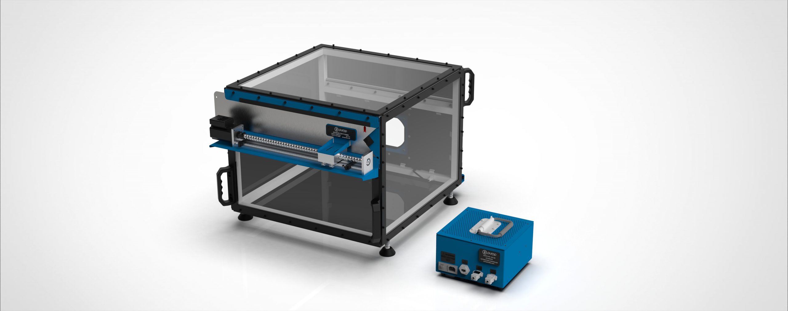 Air Mover Test Plenum fully open standing on a white surface, next to it is the blue automation controller.