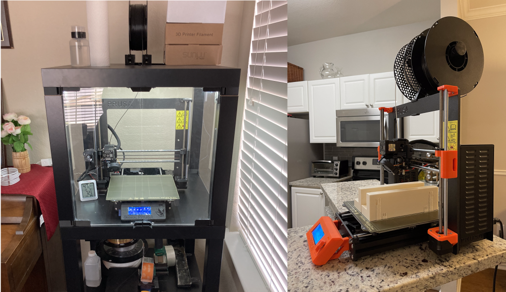 Two original Prusas set up in living areas. The left is a black Prusa set up in an enclosed container with a thermometer. The right is a Prusa printing a white print on a counter top.