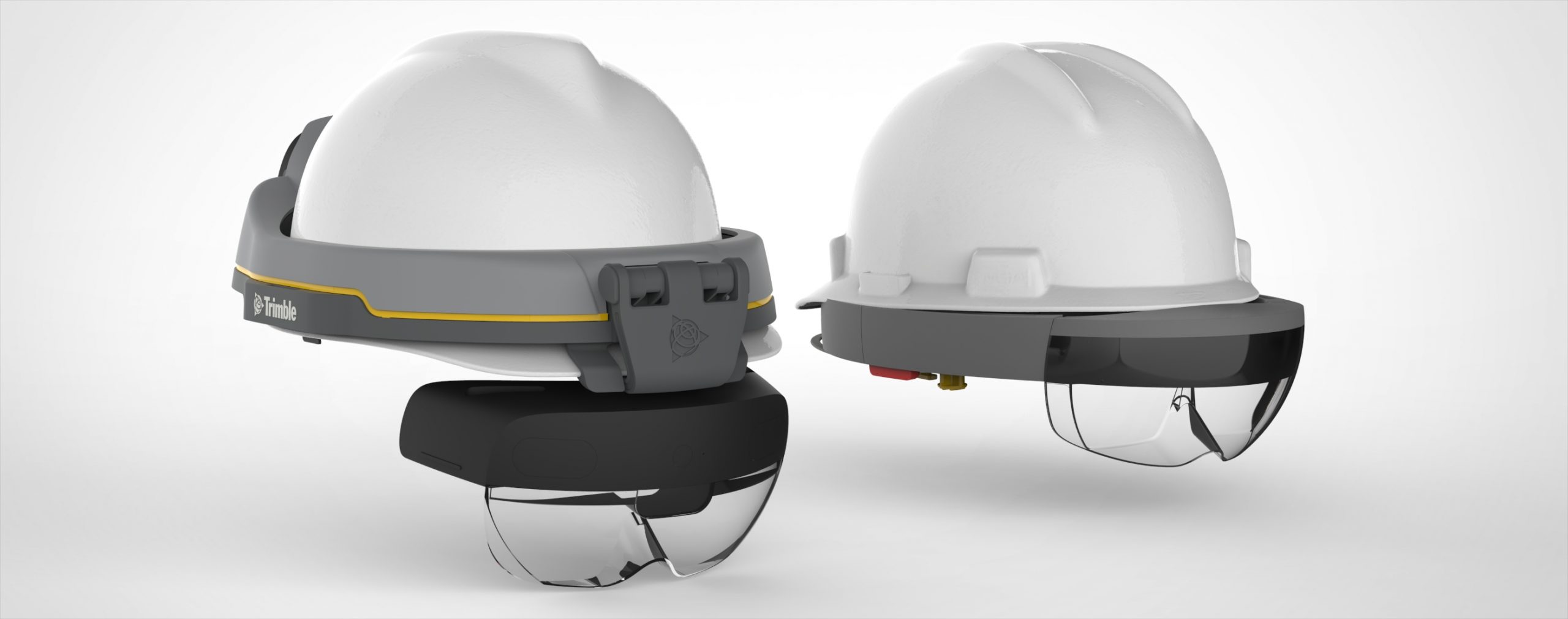 A rendering of the Trimble XR10 and the Connect for Hololens. Two hard hats and their virtual reality glasses.