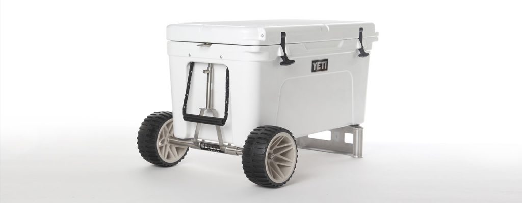 The Cooler Extra's Badger wheels, an rugged wheel system added on to a white Yeti cooler.