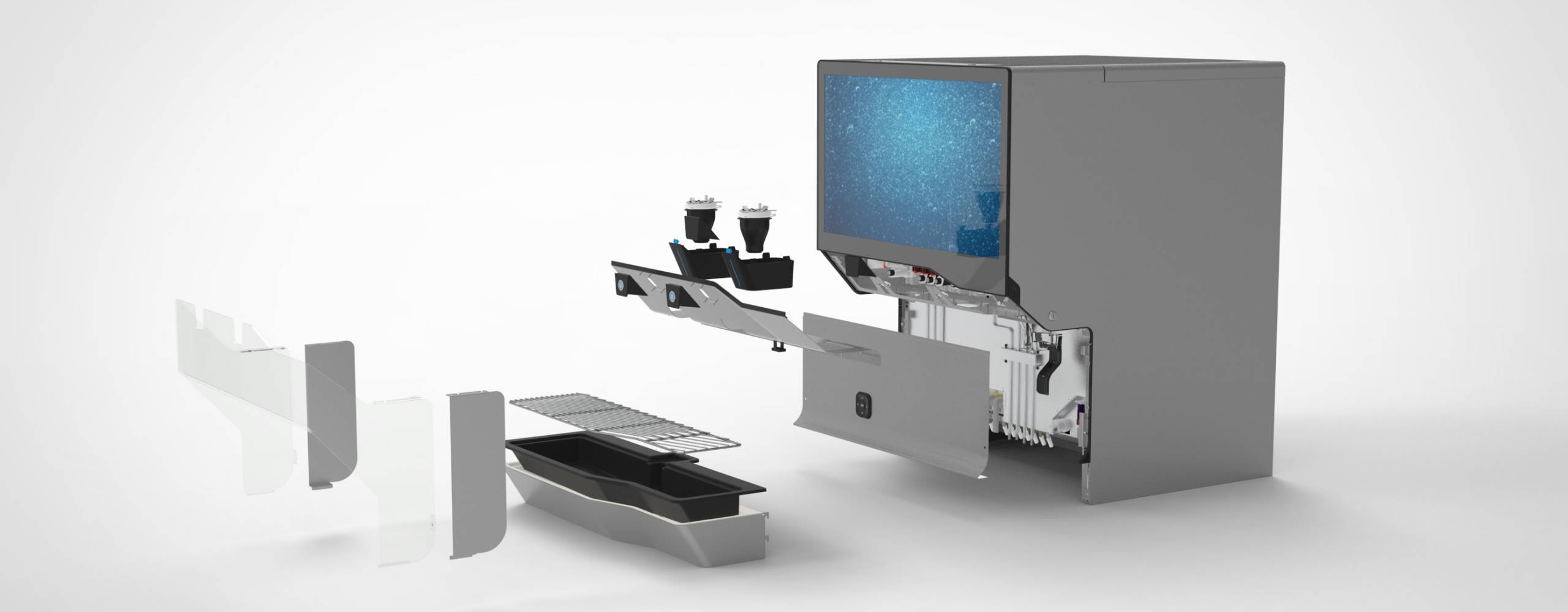 A rendering of the Lancer IBD BOLD 30i soda machine with all of the tray, nozzles and side pieces separated from one another.