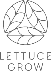 The Lettuce Grow Logo in gray, which is a three leaf head of lettuce, "Lettuce Grow".