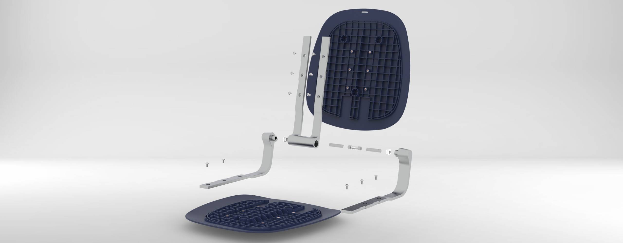 This is a rendering of the pebbl mediation chair with only the plastic and metal pieces. All of the pieces are separated from one another with the hardware lifted above where is should be inserted.