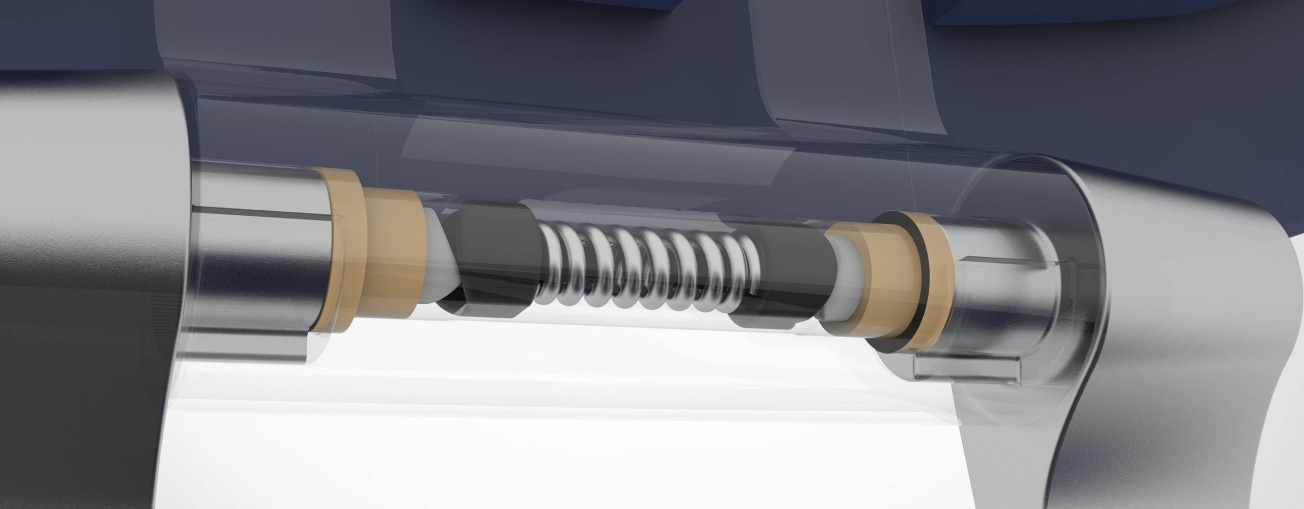 This is a close up rendering of the hinge of the Pebbl mediation chair's hinge. There are multiple pieces all connected to a big metal spring in the middle of the hinge.