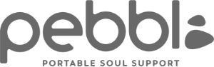 The pebble logo in gray "Pebbl portable soul support" with two rocks, one smaller above the larger.