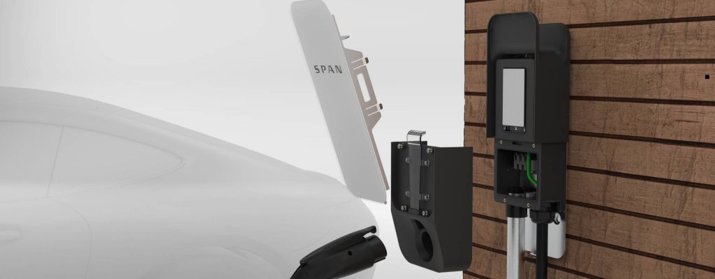 A rendering of the Span Drive mounted outside on wood siding with the bottom and front panel away from the wall mount showing off internal features.