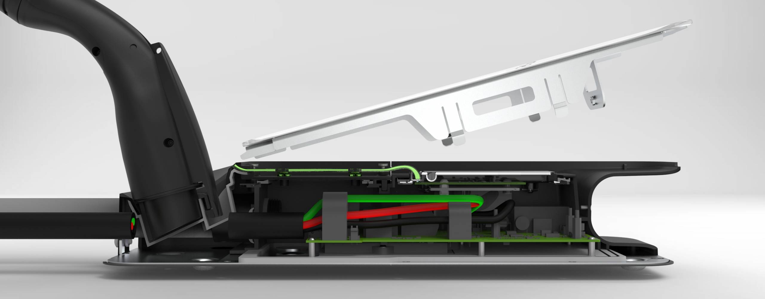 A rendering of the span drive cut in half. Highlighting the inner mechanics and wiring in red and green.