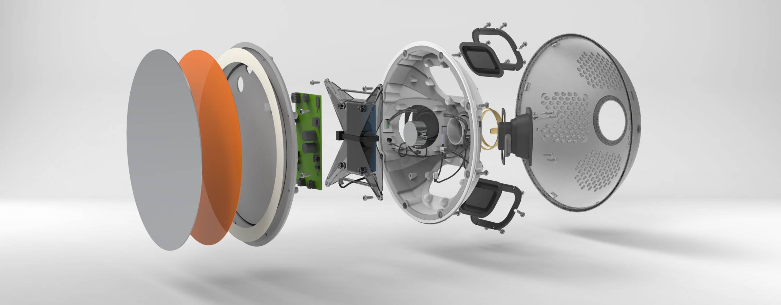 A rendering of the Sharper image fogless mirror, with it split into multiple pieces showing the deconstruction of the mirror and all the hardware it takes to make up.