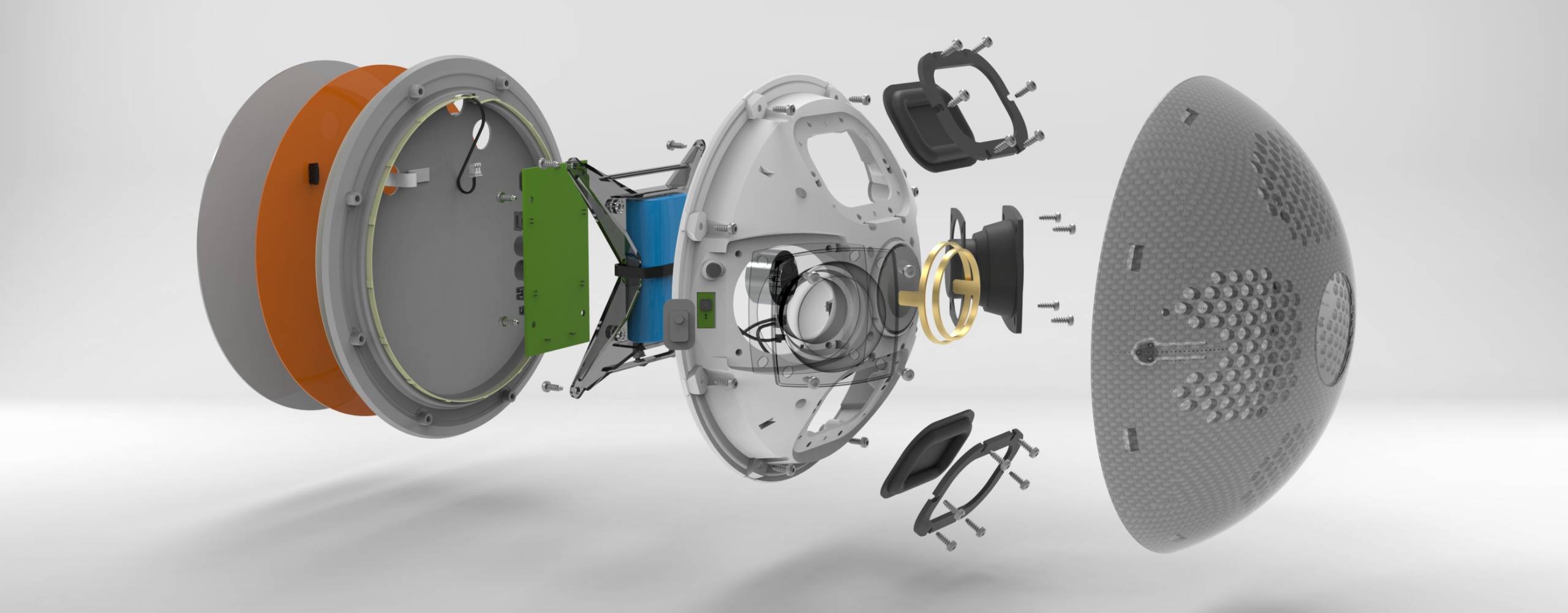 A rendering of the Sharper image fogless mirror, with it split into multiple pieces showing the deconstruction of the mirror and all the hardware it takes to make up.