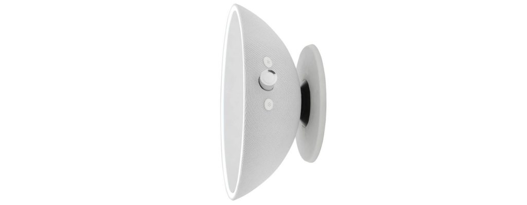 A rendering of the Sharper image fogless mirror. This is a side view showing off the half spherical mirror attached to a magnetic base and three buttons the device has.
