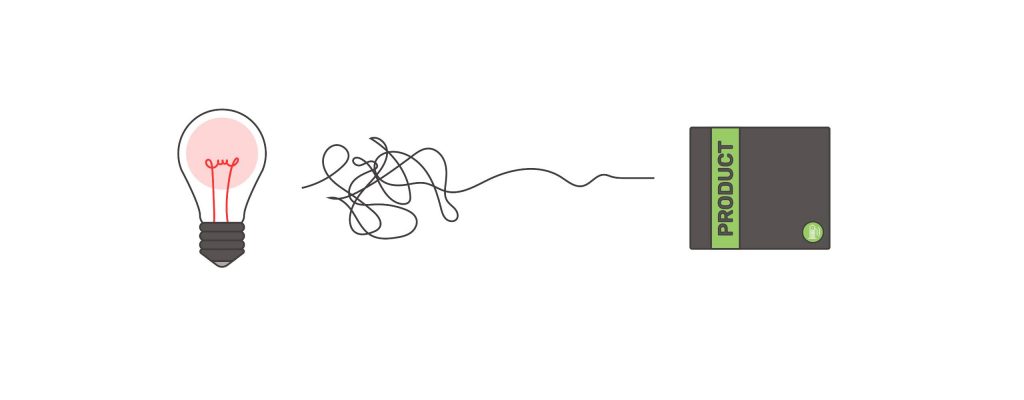 An illustration of a non linear (straight) line with a squiggly more to the left side. On the left side of the line is a lightbulb with red details. On the right of the line is a box labled, "product" with the Pump Studios logo the bottom right corner.