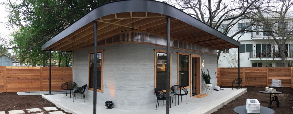 The first finished 3D printed house from ICON's first generation 3D printer.