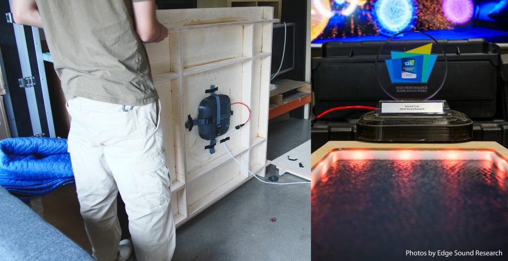 On the left the ResonX pannel mounted to a wooden floor stage. On the right, the ResonX under a CES award.