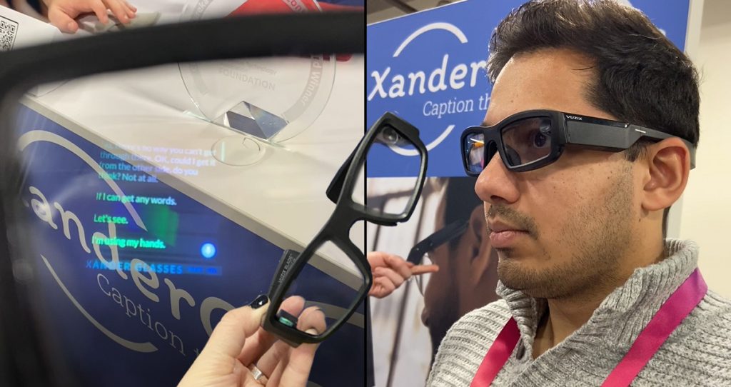On the left, how the captions display on the Xander Glasses. In the middle a hand holding up the Xander Glasses. On the left, Abhi Shah wearing the glasses.
