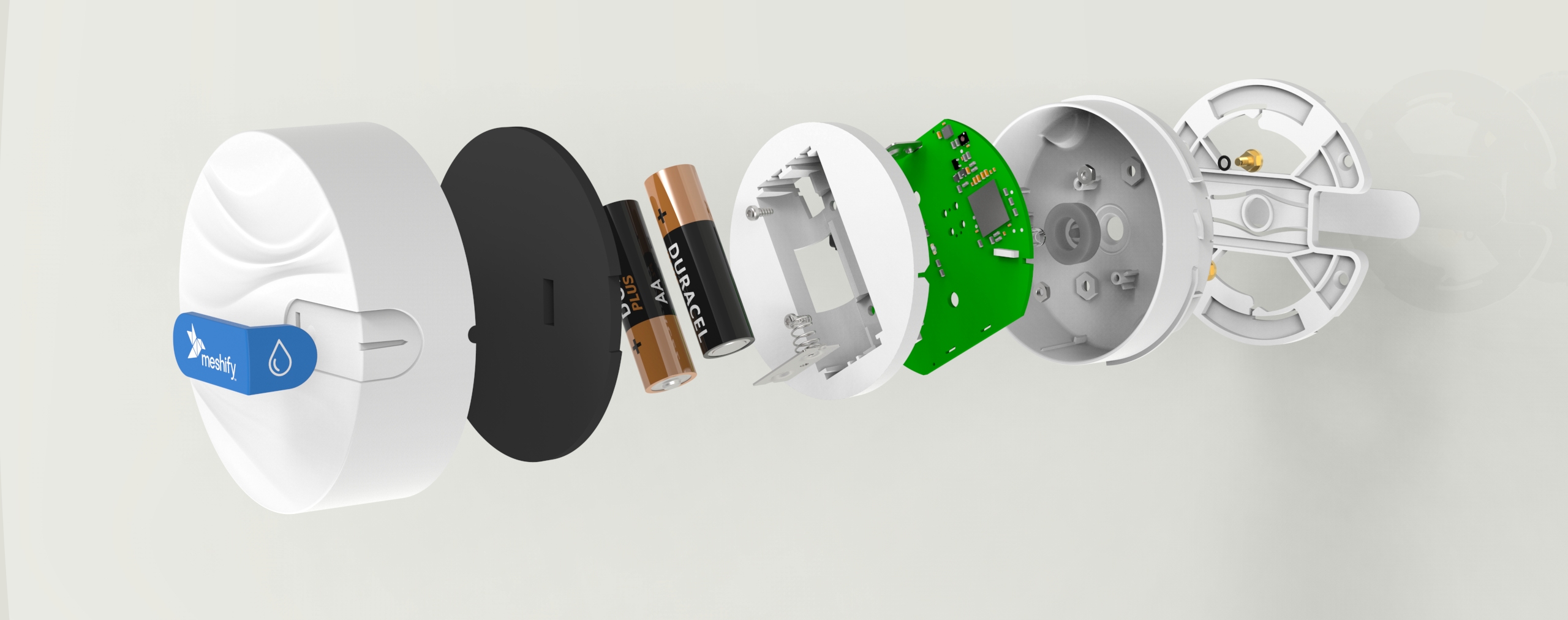 A rendering of the Meshify Defender Sensor torn down to show the interior breakdown of the puck.