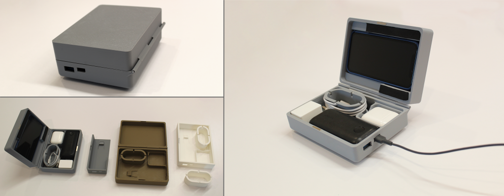 A collage of Iris's boxes. There is one closed highlighting the ports, one box open showing the contents, and a image with all of the 3D printed versions.