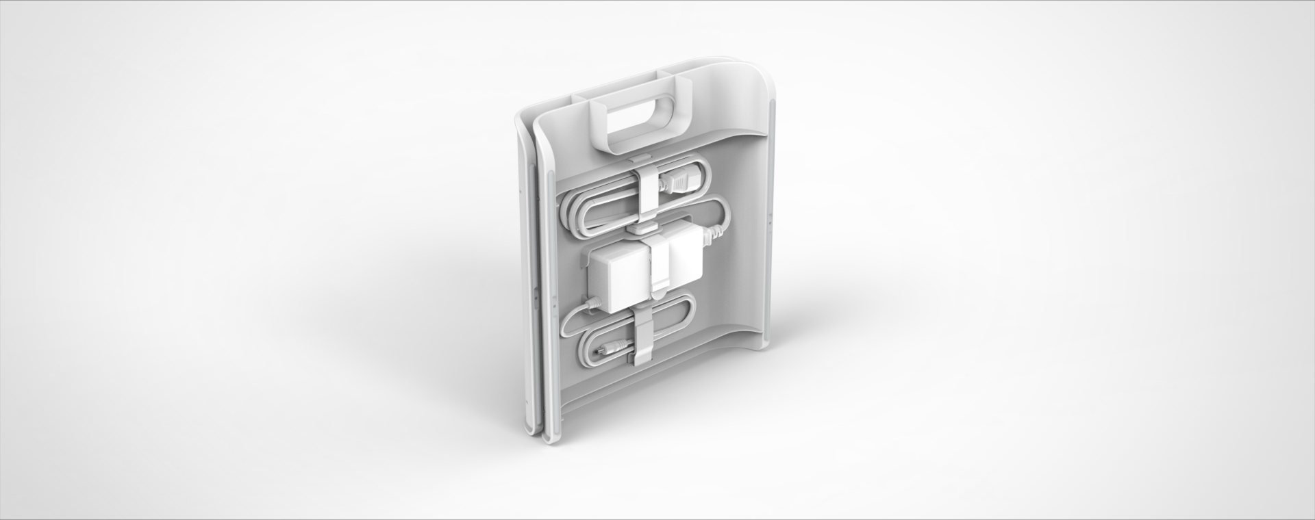 A rendering of the Accuquilt Go! Bolt die catchers standing in a up right position to show of the electrical cable storage.