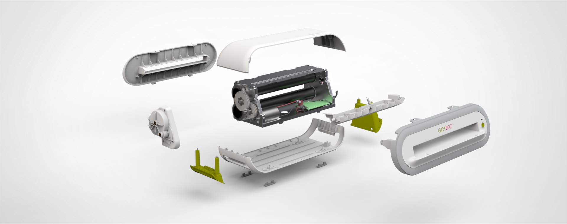 A rendering tear down of the Accuquilt Go! Bolt with components separated and floating in the air.