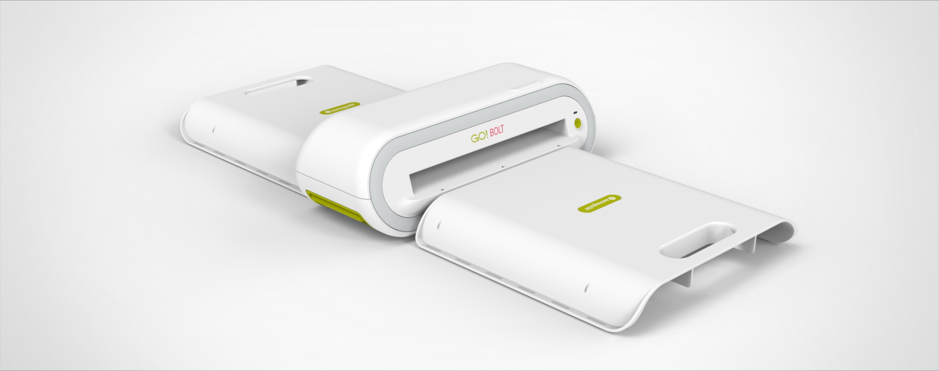 A rendering of the Accuquilt Go! Bolt with designated die catchers in front and behind sitting on a white background.