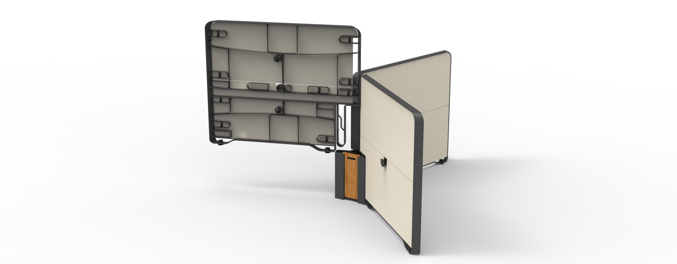 A rendering of the Farmstand Nook compacted into the water basin to show how it would ship with a fully assembled Farmstand in the background.