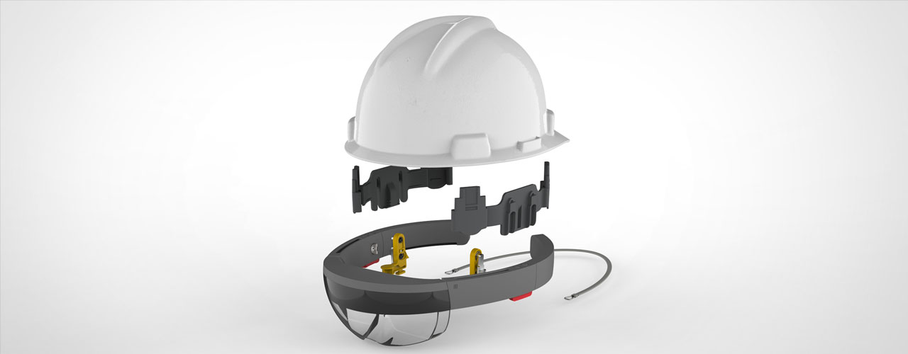 A rendering of the Trimble Connect for Hololens. A white hard hat, the gray hard hat mounts, the Trimble Hololens, and the safety locks and strap.