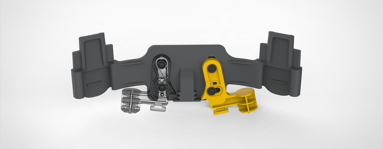 The Trimble Connect for Hololens hard hat attachments in yellow and clear to show of the internal mechanisms. 
