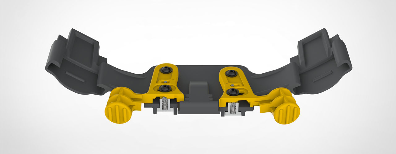 A rendering of the Trimble Connect for Hololens' hard aht locking mechanism. Highlighting the locking screws.