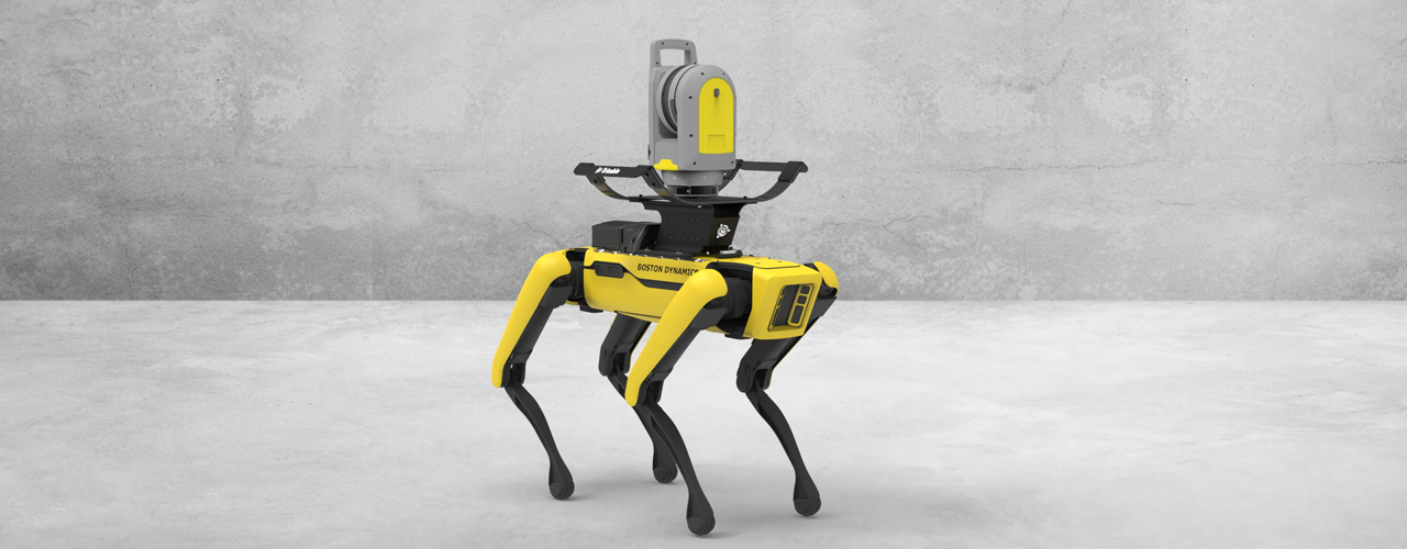A rendering of the Boston Dynamics Spot robot with the Trimble spot defender mount and laser attached to it's back.