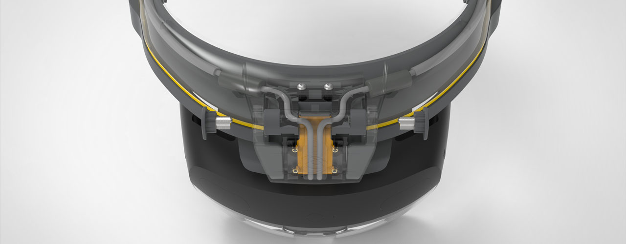 A top view rendering of the Trimble XR10 with clear parts to highlight the internal mechanisms.