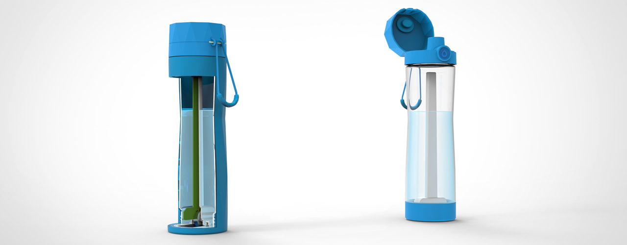 A rendering of the Hidratespark 3, a blue smart water bottle.