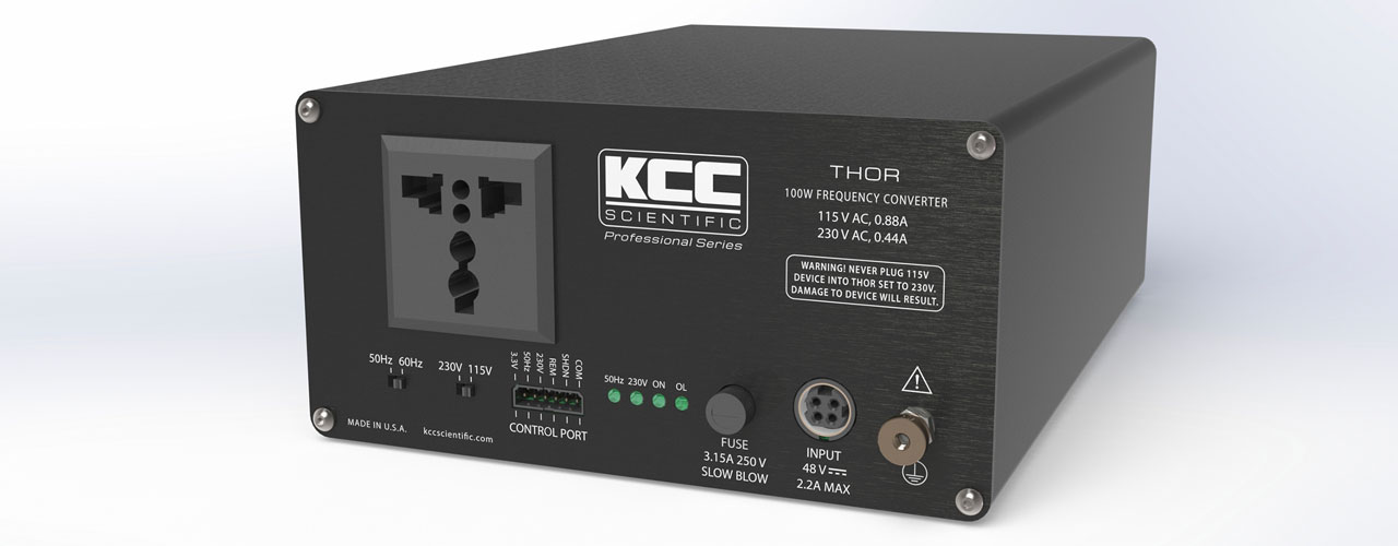 A rendering of the KCC Scientific Thor 100 W frequency converter.