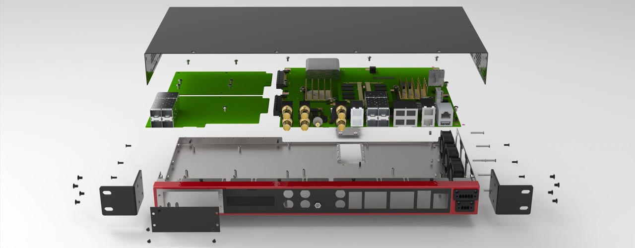 A tear down rendering of the 1U system.