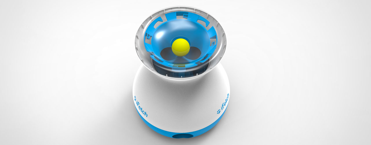 The iFetch Frenzy, a gravity feed ball dispenser, with a clear top to show you how the ball dispenser works with a multiple hole system.