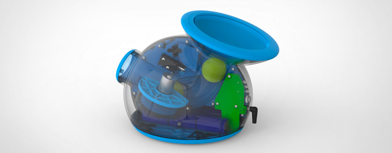 A rendering of the iFetch with a clear side panel to show the internal mechanics while a ball is inside.