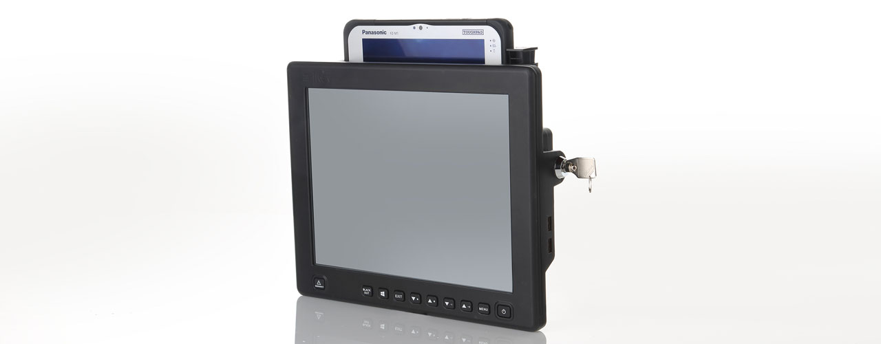 The iKey PDRT, a mounting screen that mounts a tablet on the back. The PDRT has a key on the right side locking in place the Panasonic tablet.