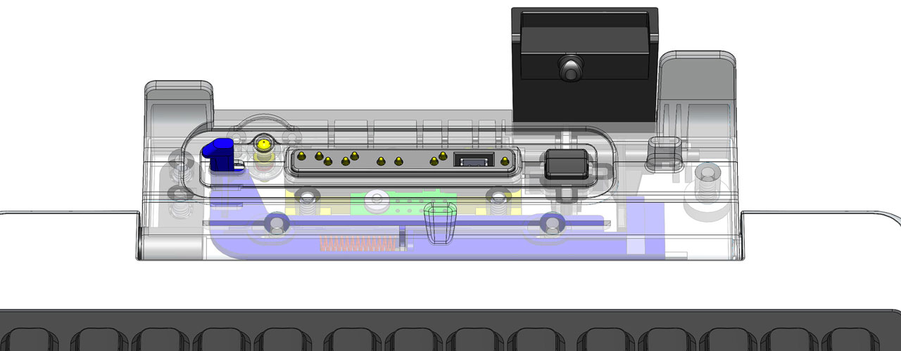 A rendering of the docking portion of the iKey G1 keyboard. With clear external layers to show the internal mechanisms. 